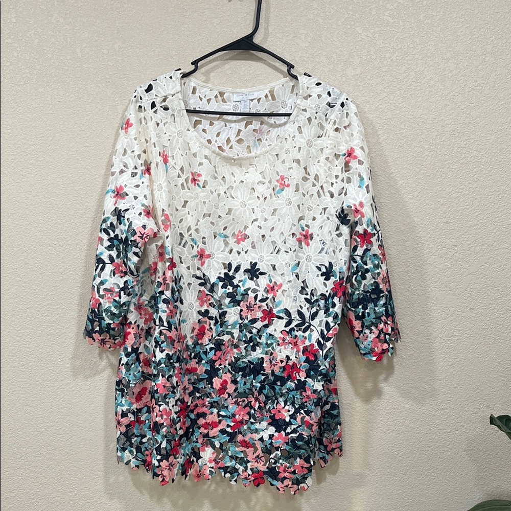 Charter Club Floral Lace Blouse in Pink and Green